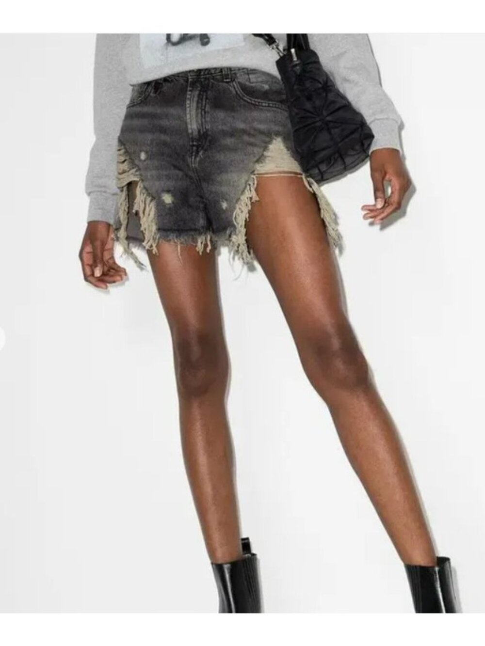 R13 Leyton Black Distressed Denim Shredded Slouch Short, Size 25